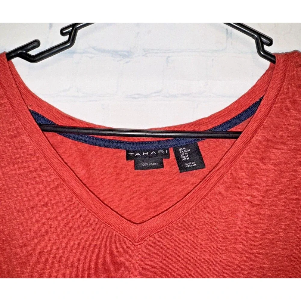 Tahari Coral Orange  V-Neck 100% Linen Oversized Short Sleeve Top Womans Medium - Picture 3 of 6